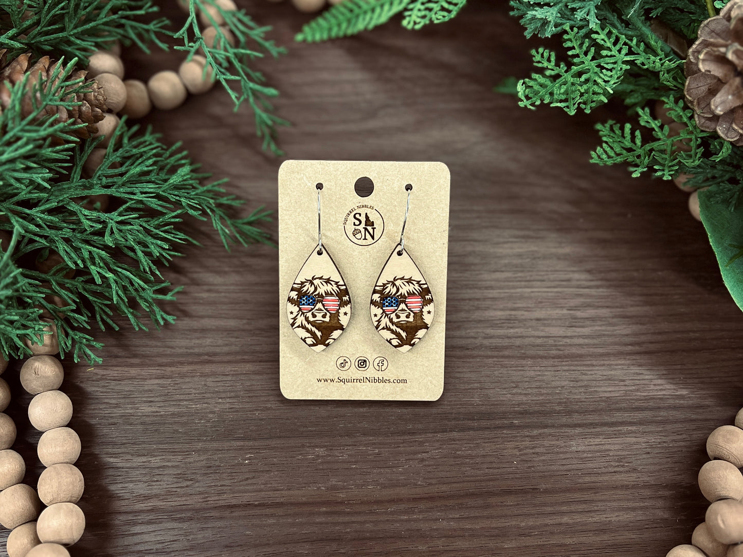 Fourth of July Highland Cow Earring Drops